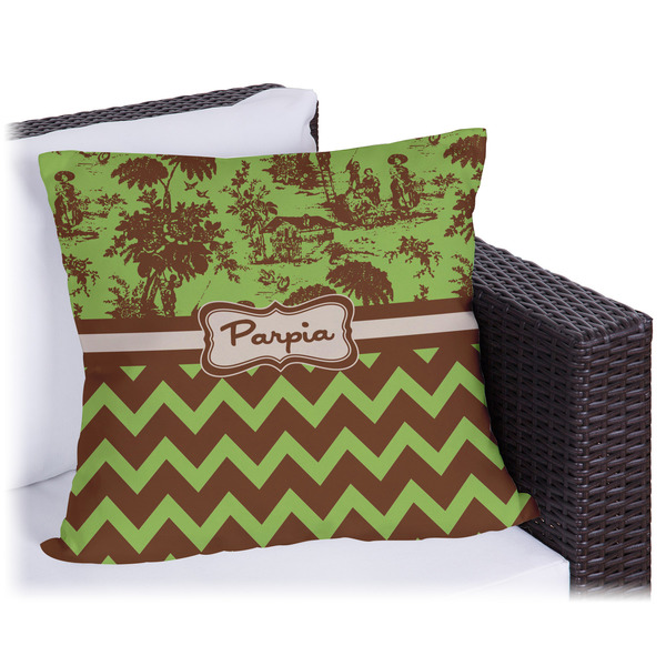 Custom Green & Brown Toile & Chevron Outdoor Pillow - 16" (Personalized)