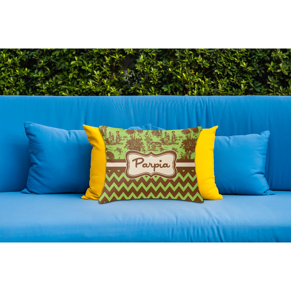 Green & Brown Toile & Chevron Outdoor Throw Pillow  - LIFESTYLE (Rectangular - 20x14)