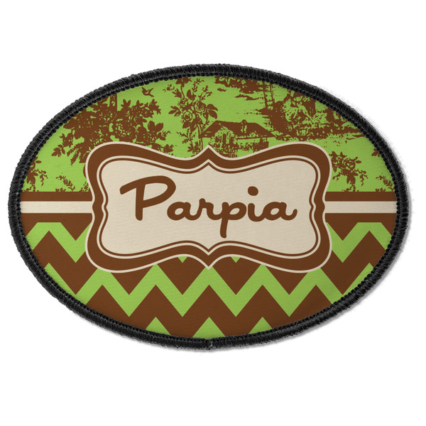 Custom Green & Brown Toile & Chevron Iron On Oval Patch w/ Name or Text