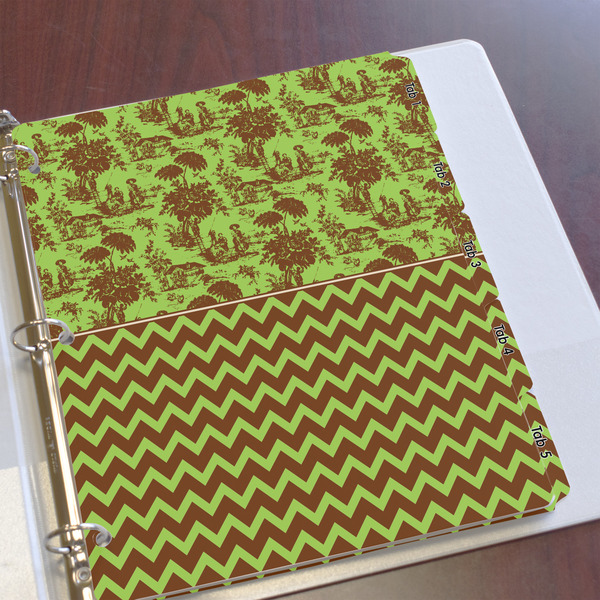 Green & Brown Toile & Chevron Page Dividers - Set of 5 - In Context