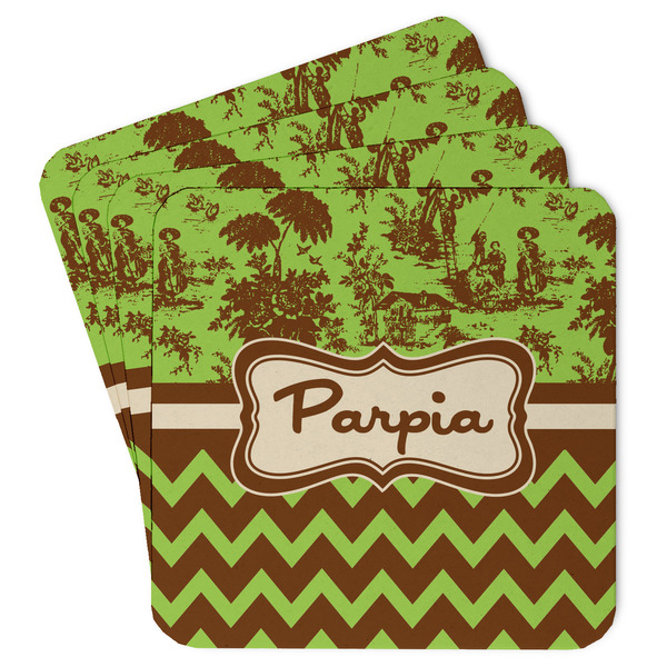 Custom Green & Brown Toile & Chevron Paper Coasters (Personalized)