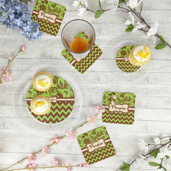 Green & Brown Toile & Chevron Paper Coasters - In Context