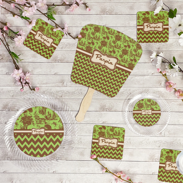 Green & Brown Toile & Chevron Party Supplies Combination Image - All items - Plates, Coasters, Fans