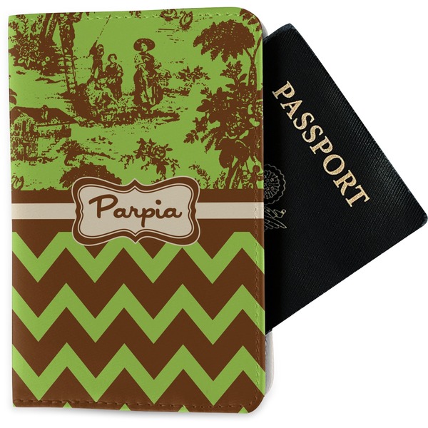 Custom Green & Brown Toile & Chevron Passport Holder - Fabric (Personalized)