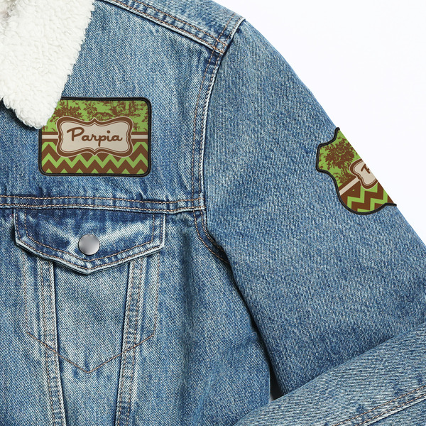 Green & Brown Toile & Chevron Patches Lifestyle Jean Jacket Detail