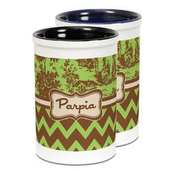 Green & Brown Toile & Chevron Ceramic Pencil Holder - Large