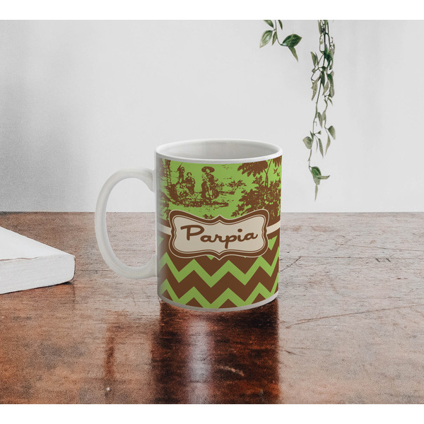 Green & Brown Toile & Chevron Personalized Coffee Mug - Lifestyle