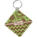 Green & Brown Toile & Chevron Diamond Plastic Keychain w/ Name or Text