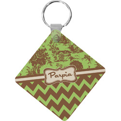 Green & Brown Toile & Chevron Diamond Plastic Keychain w/ Name or Text