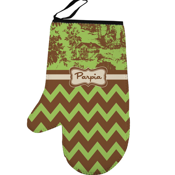 Custom Green & Brown Toile & Chevron Left Oven Mitt (Personalized)