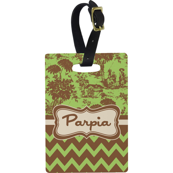 Custom Green & Brown Toile & Chevron Plastic Luggage Tag - Rectangular w/ Name or Text