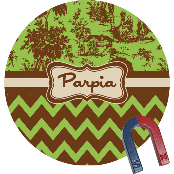Custom Green & Brown Toile & Chevron Round Fridge Magnet (Personalized)