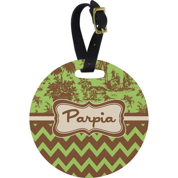 Custom Green & Brown Toile & Chevron Plastic Luggage Tag - Round (Personalized)