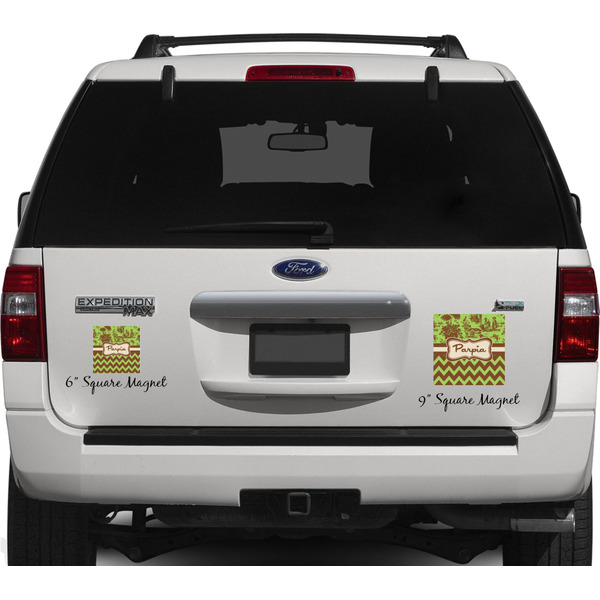 Green & Brown Toile & Chevron Personalized Square Car Magnets on Ford Explorer
