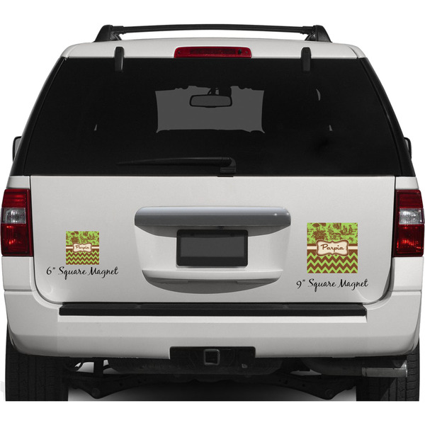 Green & Brown Toile & Chevron Personalized Square Car Magnets on Ford Explorer