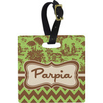 Green & Brown Toile & Chevron Plastic Luggage Tag - Square w/ Name or Text