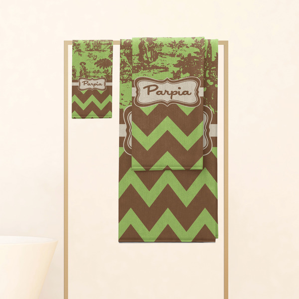 Green & Brown Toile & Chevron Personalized Towel Set