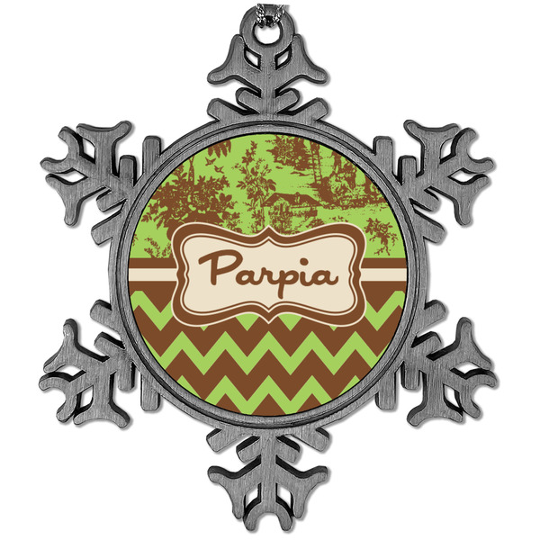 Custom Green & Brown Toile & Chevron Vintage Snowflake Ornament (Personalized)