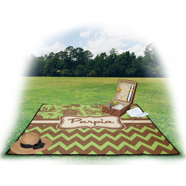 Green & Brown Toile & Chevron Picnic Blanket - with Basket Hat and Book - in Use