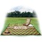 Green & Brown Toile & Chevron Picnic Blanket - with Basket Hat and Book - in Use