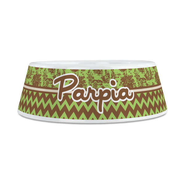 Green & Brown Toile & Chevron Plastic Dog Bowls - Medium - FRONT