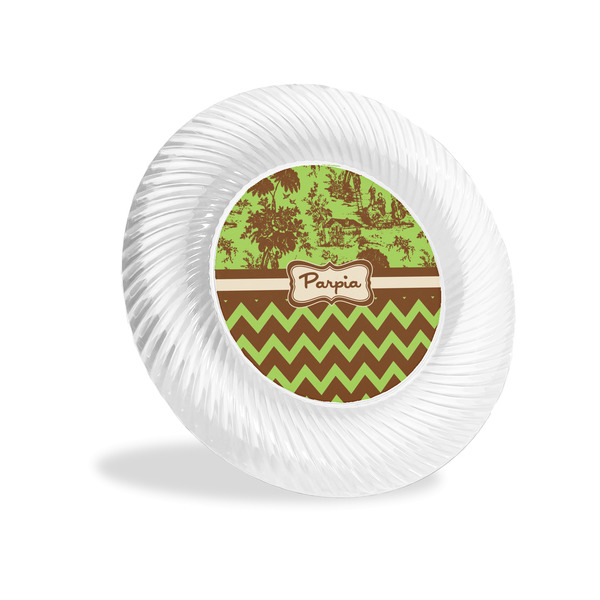 Custom Green & Brown Toile & Chevron Plastic Party Appetizer & Dessert Plates - 6" (Personalized)