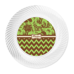 Green & Brown Toile & Chevron Plastic Party Dinner Plates - 10" (Personalized)