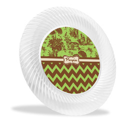 Green & Brown Toile & Chevron Plastic Party Dinner Plates - 10" (Personalized)