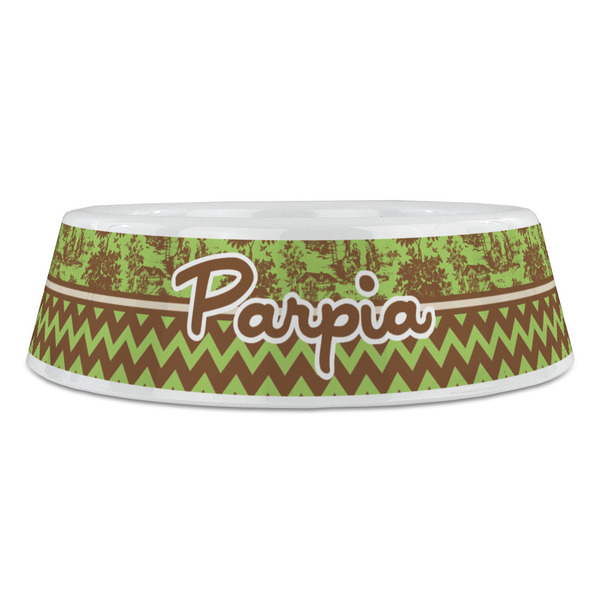 Green & Brown Toile & Chevron Plastic Pet Bowls - Large - FRONT