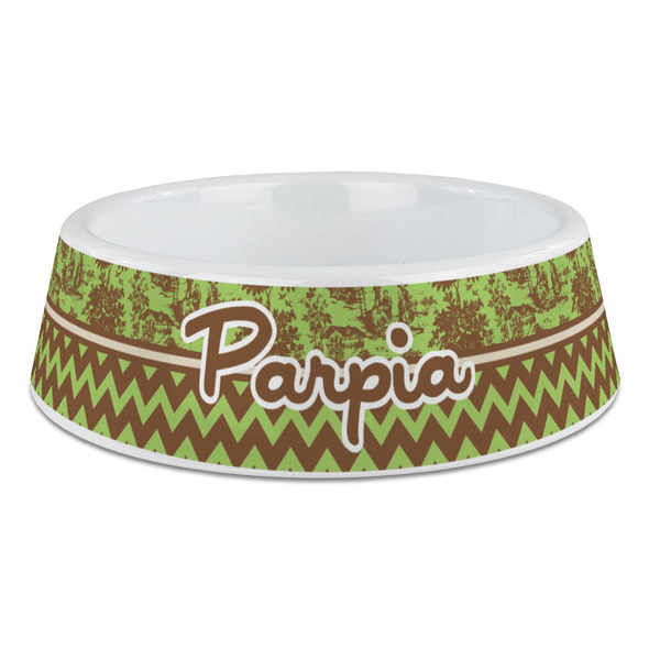 Custom Green & Brown Toile & Chevron Plastic Dog Bowl - Large (Personalized)