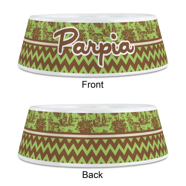 Green & Brown Toile & Chevron Plastic Pet Bowls - Medium - APPROVAL