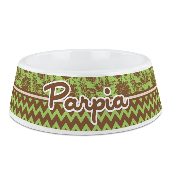 Custom Green & Brown Toile & Chevron Plastic Dog Bowl - Medium (Personalized)