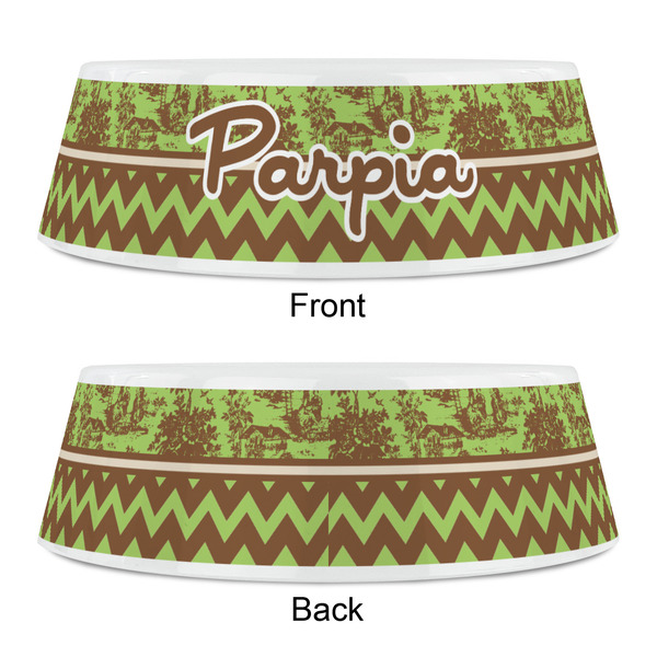 Green & Brown Toile & Chevron Plastic Pet Bowls - Small - APPROVAL