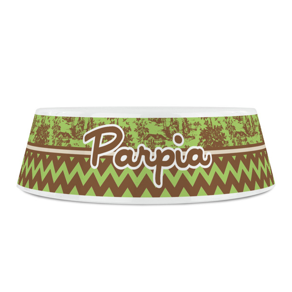 Green & Brown Toile & Chevron Plastic Pet Bowls - Small - FRONT