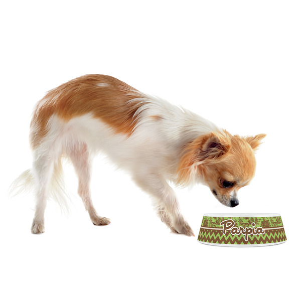 Green & Brown Toile & Chevron Plastic Pet Bowls - Small - LIFESTYLE