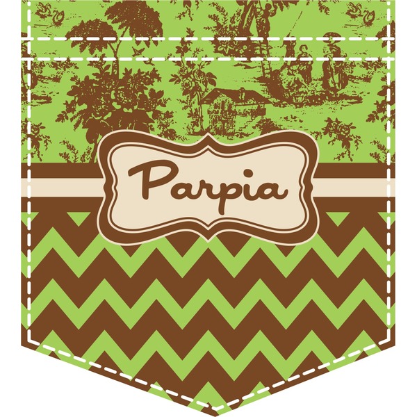 Custom Green & Brown Toile & Chevron Iron On Faux Pocket (Personalized)