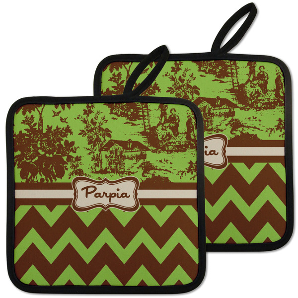 Custom Green & Brown Toile & Chevron Pot Holders - Set of 2 w/ Name or Text
