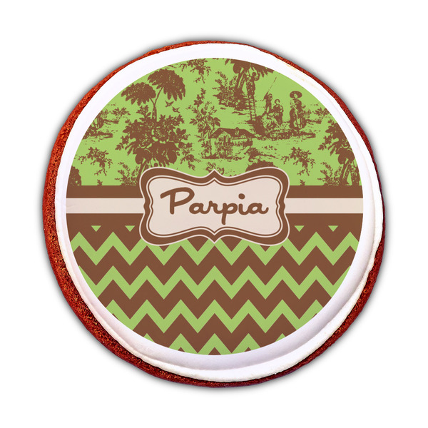 Green & Brown Toile & Chevron Printed Icing Circle - Medium - On Cookie