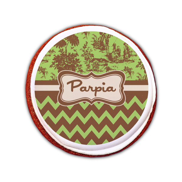 Green & Brown Toile & Chevron Printed Icing Circle - Small - On Cookie