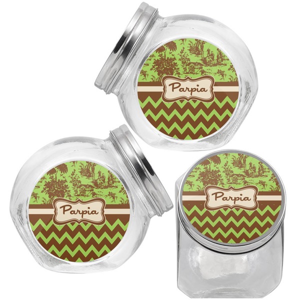 Green & Brown Toile & Chevron Puppy Treat Jar - Top Left Right