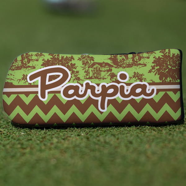Custom Green & Brown Toile & Chevron Blade Putter Cover (Personalized)