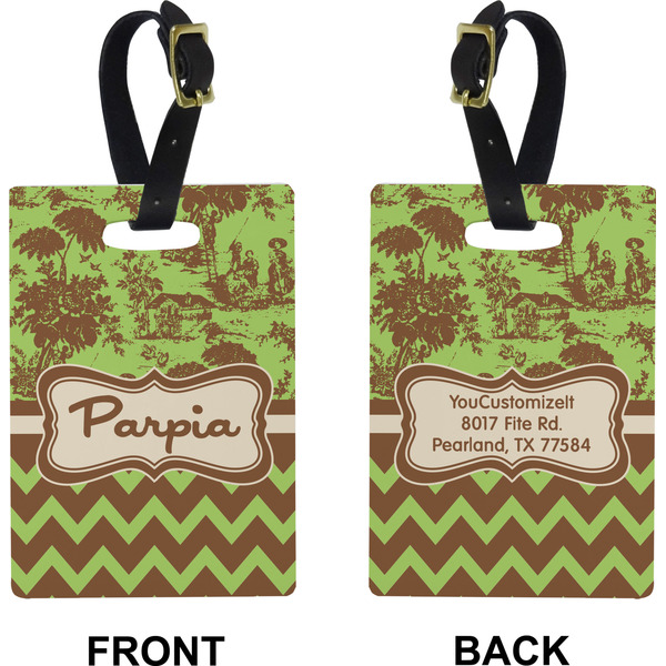 Green & Brown Toile & Chevron Rectangle Luggage Tag (Front + Back)