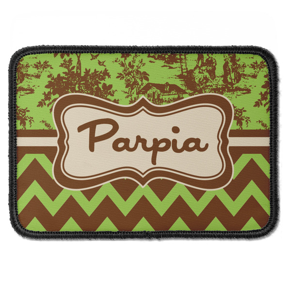 Custom Green & Brown Toile & Chevron Iron On Rectangle Patch w/ Name or Text