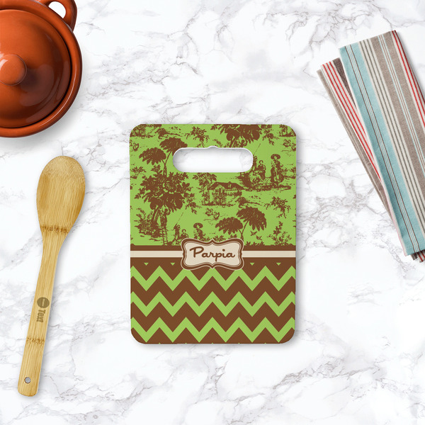 Green & Brown Toile & Chevron Rectangle Trivet with Handle - LIFESTYLE