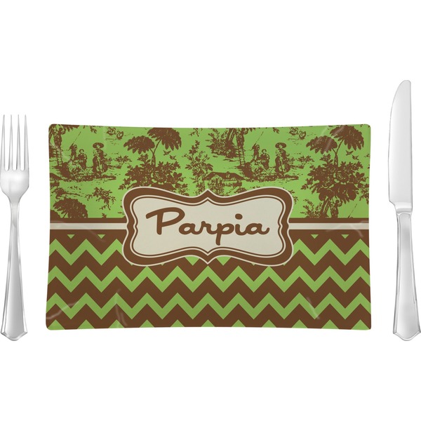 Custom Green & Brown Toile & Chevron Glass Rectangular Lunch / Dinner Plate (Personalized)