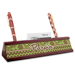 Green & Brown Toile & Chevron Red Mahogany Nameplate with Business Card Holder (Personalized)