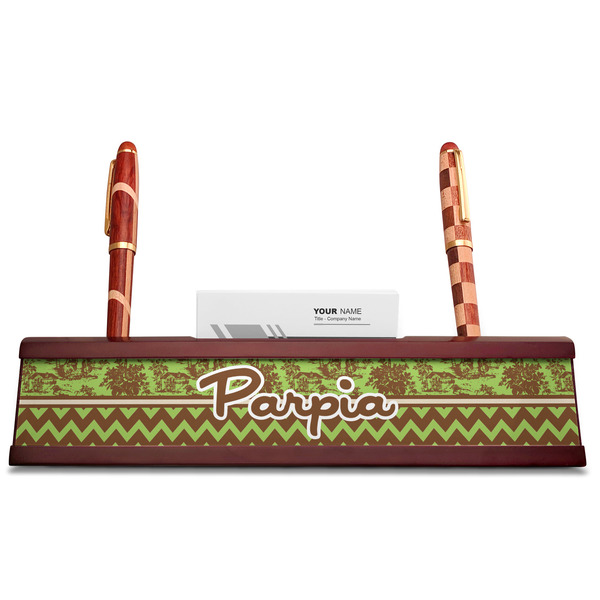 Green & Brown Toile & Chevron Red Mahogany Nameplates with Business Card Holder - Straight