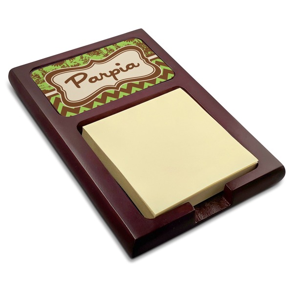 Custom Green & Brown Toile & Chevron Red Mahogany Sticky Note Holder (Personalized)
