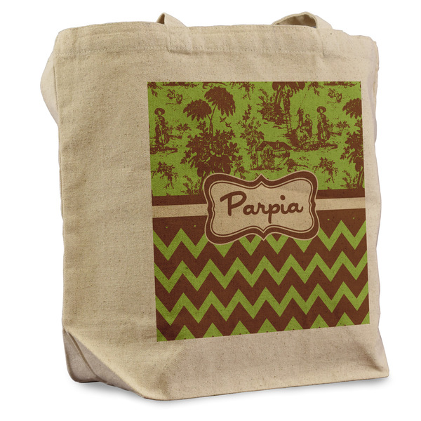 Custom Green & Brown Toile & Chevron Reusable Cotton Grocery Bag (Personalized)