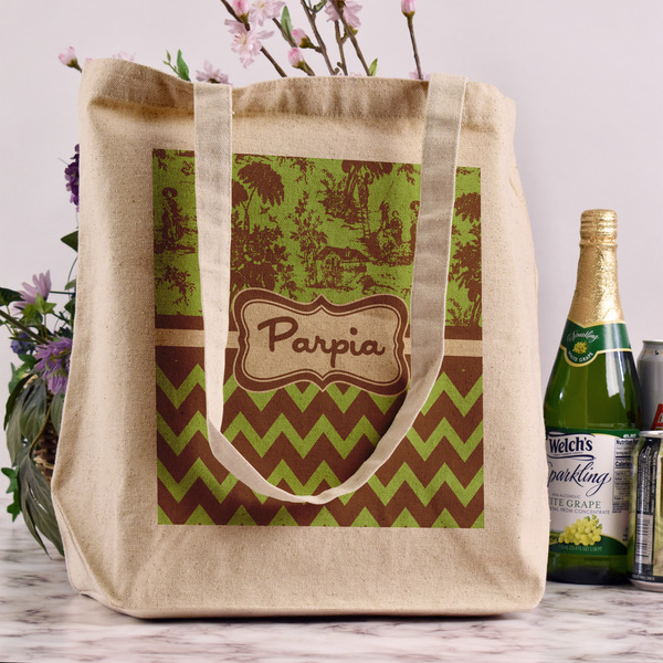 Green & Brown Toile & Chevron Reusable Cotton Grocery Bag - In Context